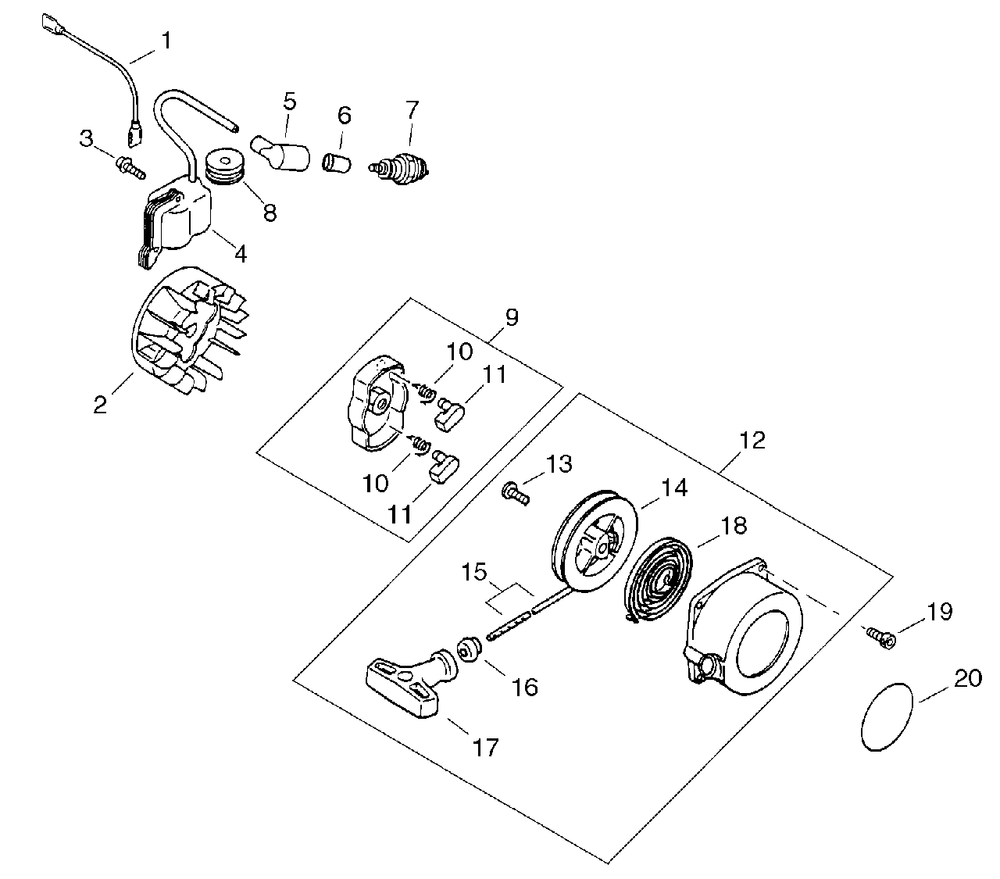 Flywheel, Ignition, Starter Diagram and Parts List for PPT-2400 (Type 1E)(E14536001001 - E14536999999) Echo Pole Saw