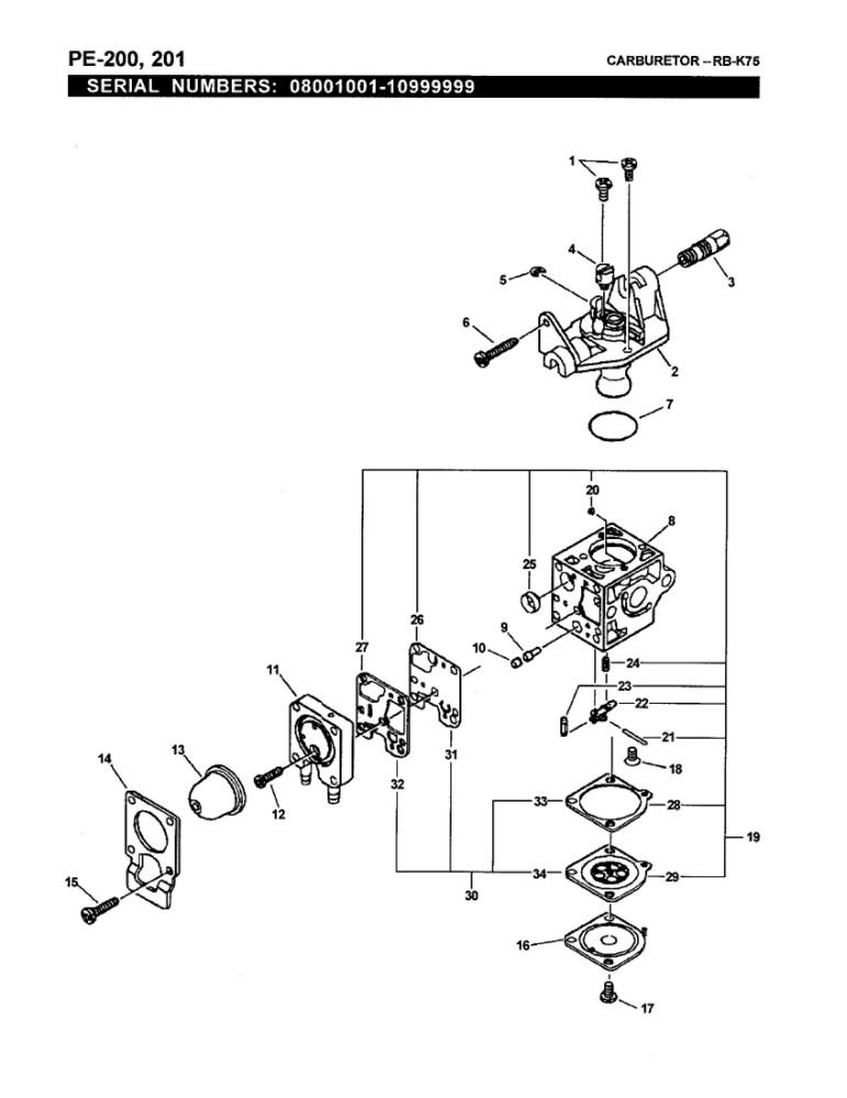 Carburetor 5 Diagram and Parts List for PE-200 07001001-07999999 Echo Edger