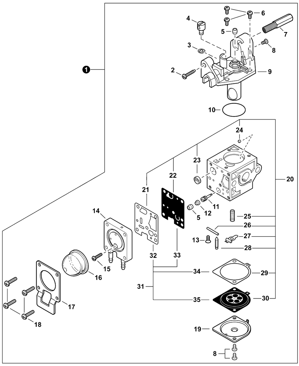 Carburetor Diagram and Parts List for SRM-266 U54313001001 - U54313999999 Echo Trimmer