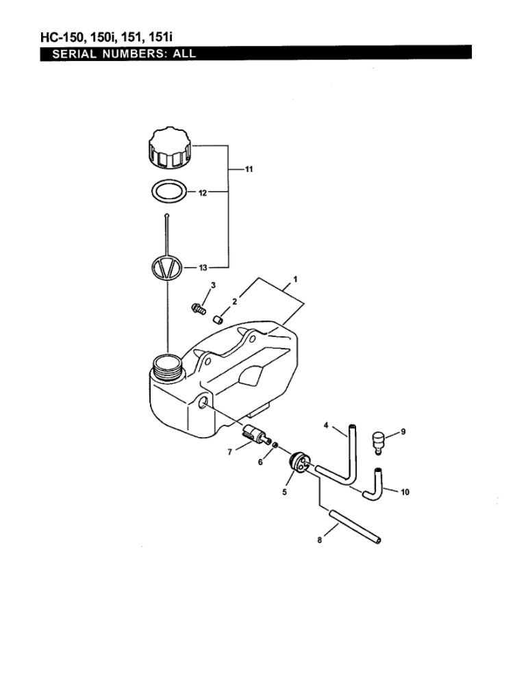 Fuel System Diagram and Parts List for HC-151I 08001001-10999999 Echo Hedge Trimmer
