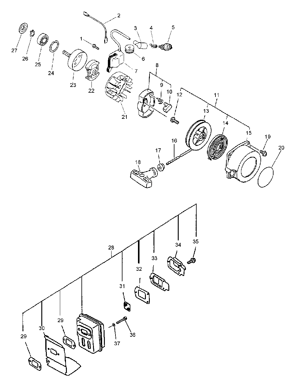 Ignition, Starter, Clutch, Muffler Diagram and Parts List for PPF-2100 509500 - 999999 Echo Pole Saw