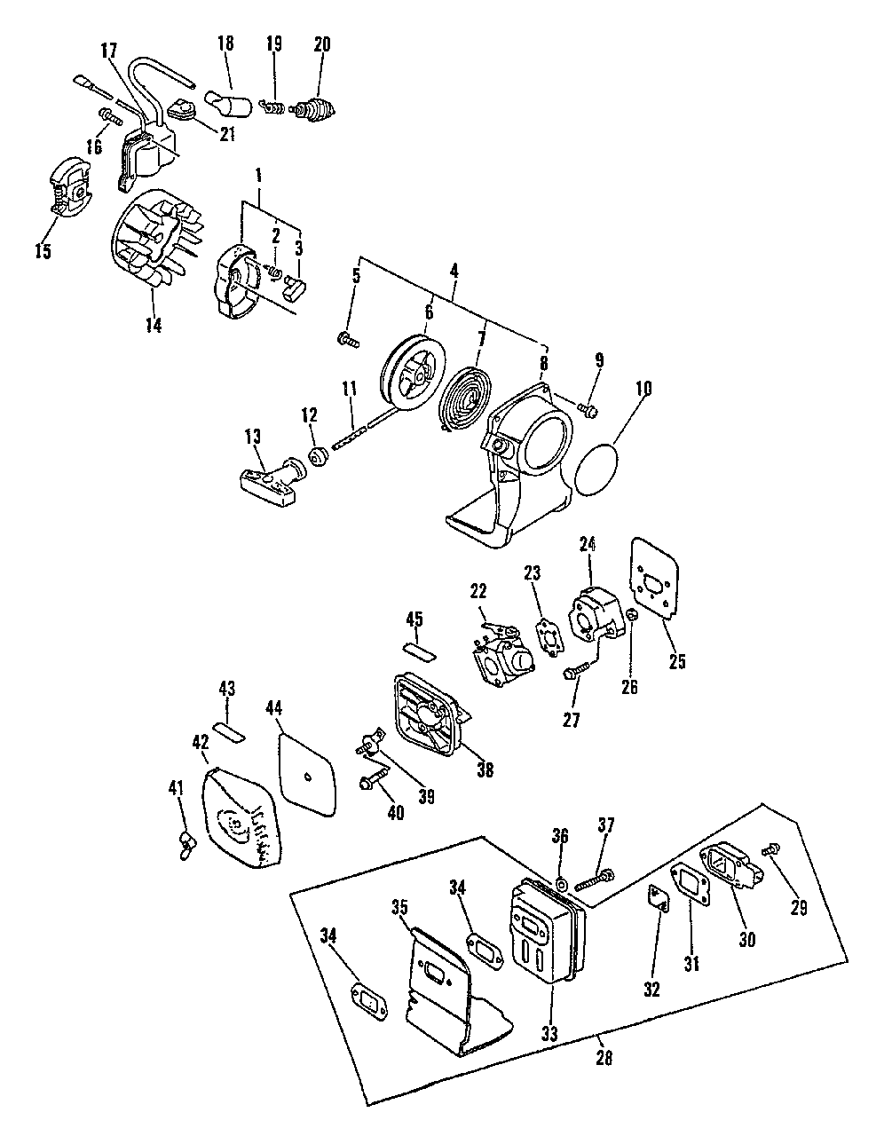 Clutch, Ignition, Starter, Intake, Exhaust Diagram and Parts List for SRM-1501 0135001 - 9999999 Echo Trimmer