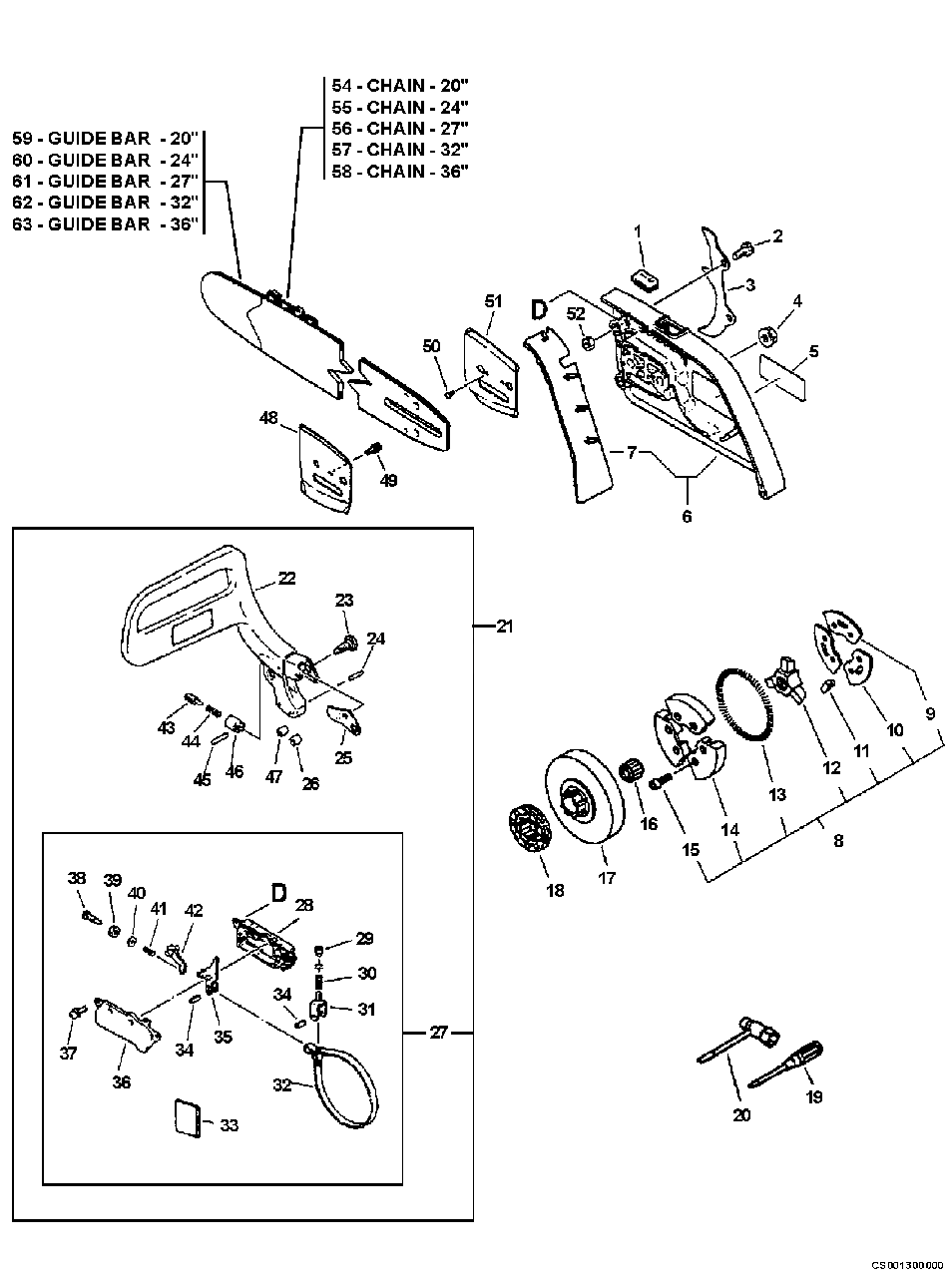 Clutch, Cutting Attachment, Chain Brake Diagram and Parts List for CS-8000 Type 1E Echo Chainsaw