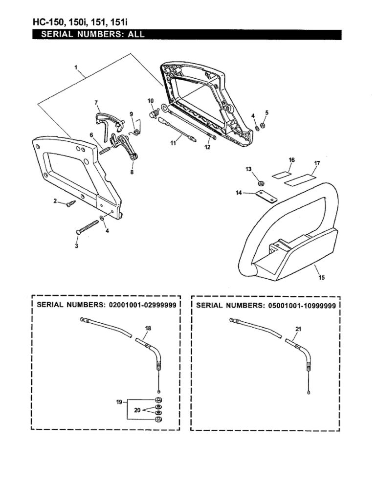 Handle/Ignition/Throttle Cable Diagram and Parts List for HC-151I 05001001-07999999 Echo Hedge Trimmer