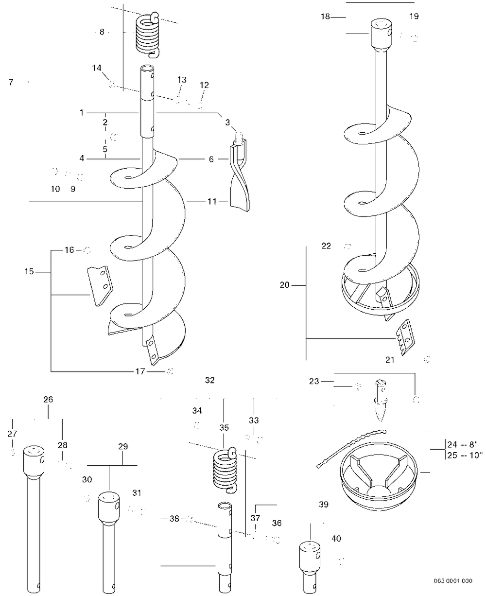Auger Bits Diagram and Parts List for EA-500 E02103001001 - E02103999999 Echo Auger