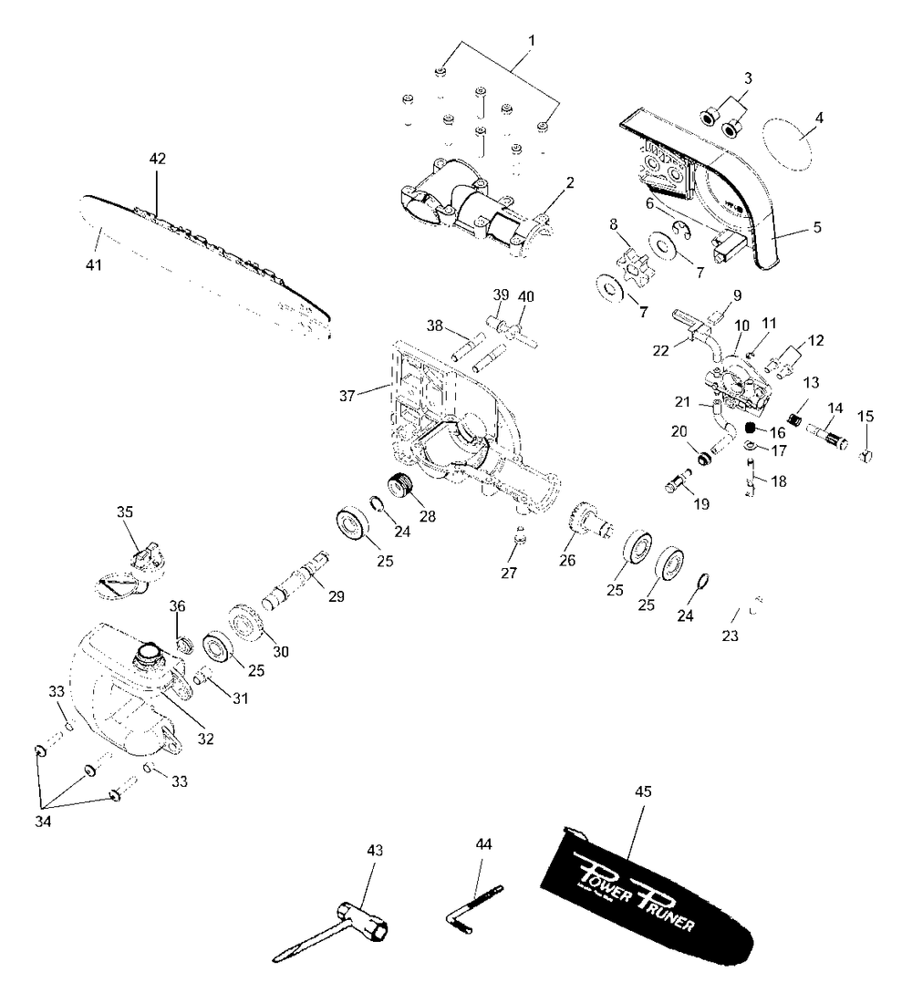 Gearcase, Guide Bar, Chain, Auto Oiler, Tools Diagram and Parts List for PPSR-2433 504000 - 999999 Echo Pole Saw