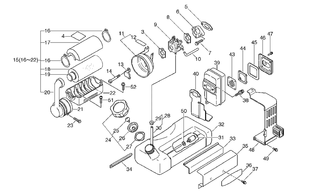 Air Cleaner, Carburetor, Muffler, Fuel Tank Diagram and Parts List for PB-400E (Type 2E)(509501 - 999999) Echo Leaf Blower / Vacuum