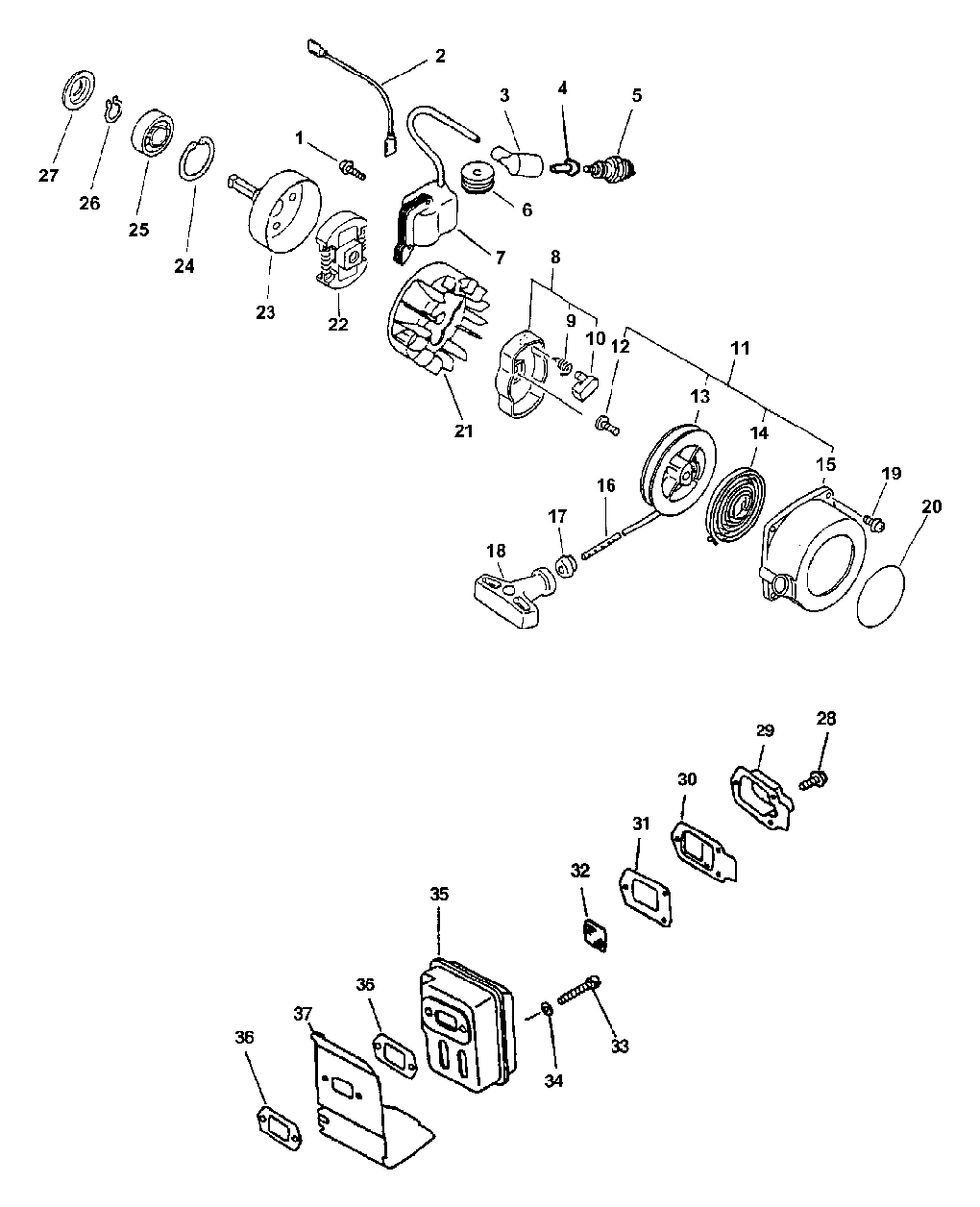 Ignition, Starter, Clutch, Exhaust Diagram and Parts List for PPSR-2122 505000 - 999999 Echo Pole Saw