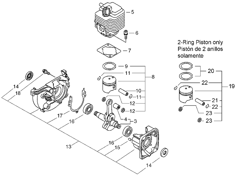 Cylinder, Piston, Crankcase Diagram and Parts List for PPT-2400 (Type 1E)(E14536001001 - E14536999999) Echo Pole Saw