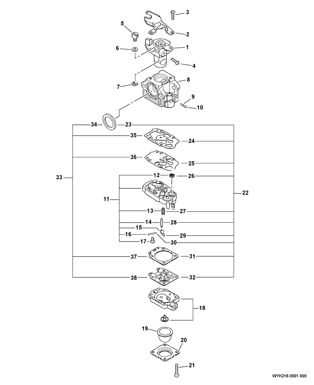 Carburetor -- Wyk-216 Diagram and Parts List for EA-500 E02103001001 - E02103999999 Echo Auger