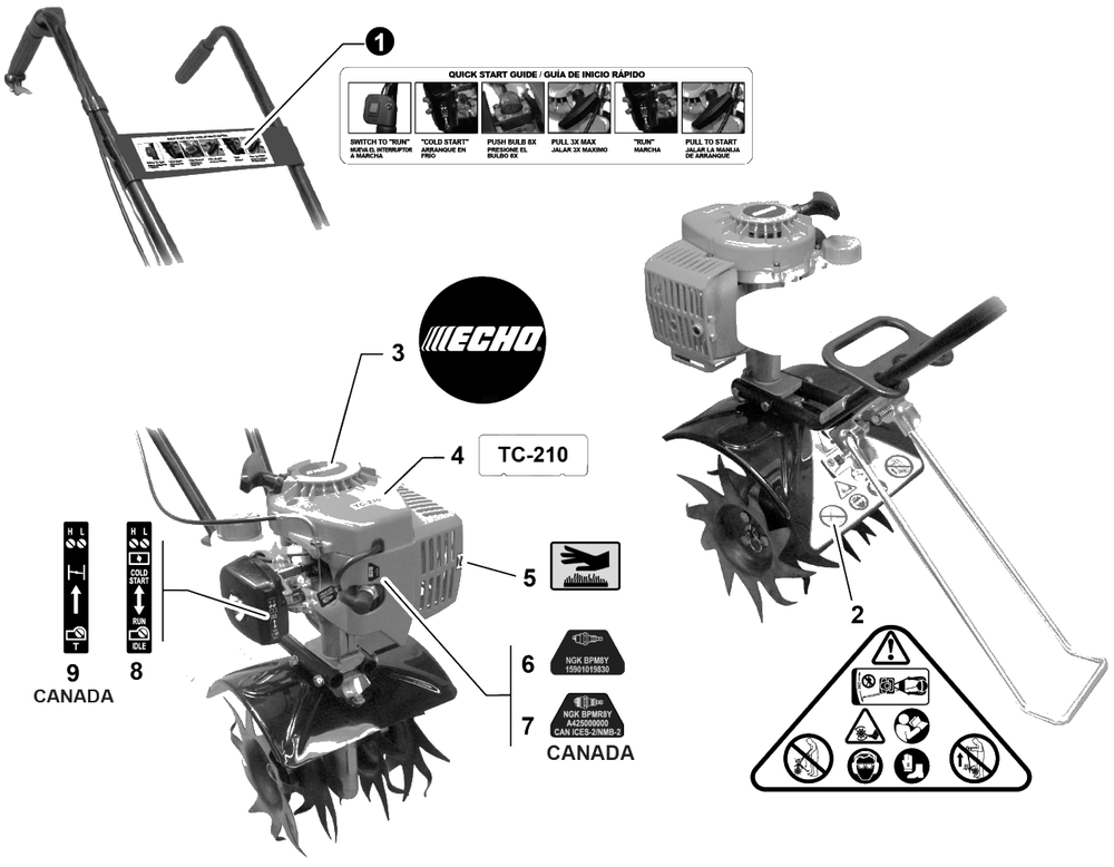 Labels Diagram and Parts List for TC-210 E14714001001 - E14714999999 Echo Tiller