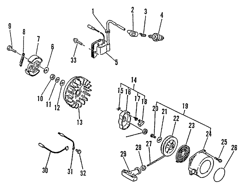 Clutch, Ignition, Starter Diagram and Parts List for SRM-2501 043001 - 061968 Echo Trimmer