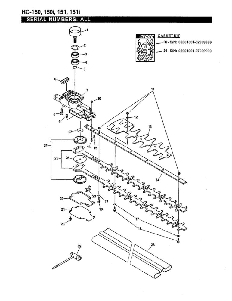 Cutters/Gear Case/Tools Diagram and Parts List for HC-151I 05001001-07999999 Echo Hedge Trimmer