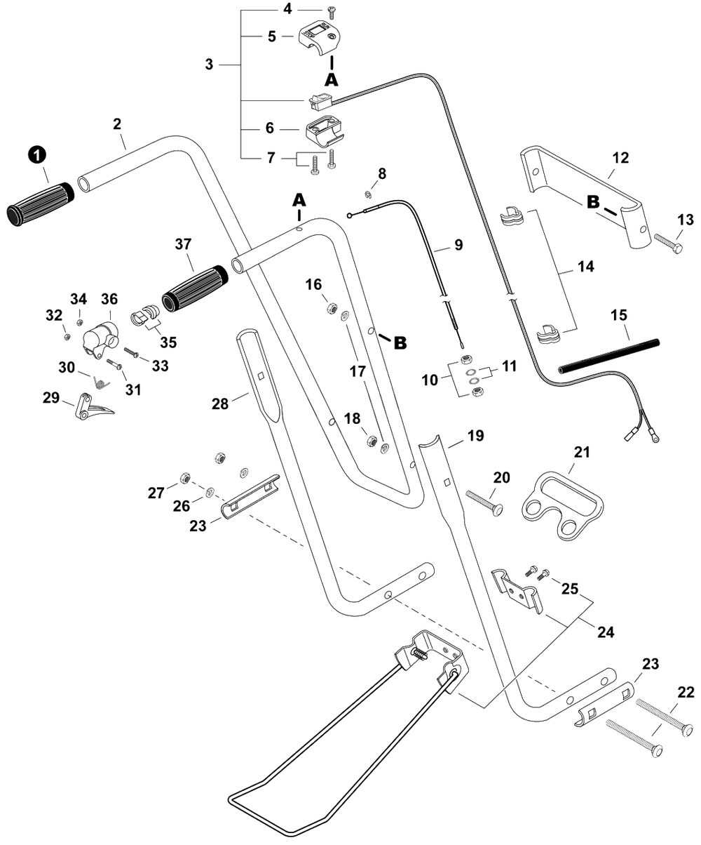 Handle, Ignition Switch, Throttle Cable Diagram and Parts List for TC-210 E14714001001 - E14714999999 Echo Tiller