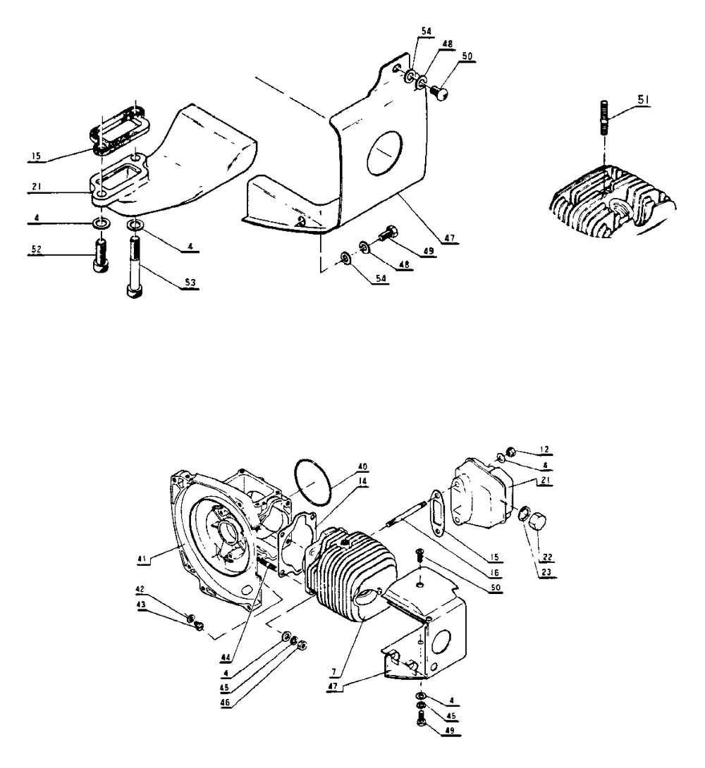 Engine, Exhaust Diagram and Parts List for CS-60S 001001 - 059500 Echo Chainsaw