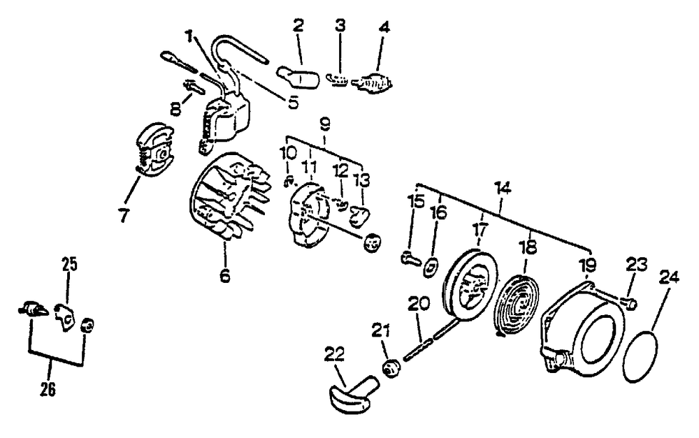 Starter, Ignition, Stop Switch, Clutch Diagram and Parts List for GT-1100 174349 - 181000 Echo Trimmer