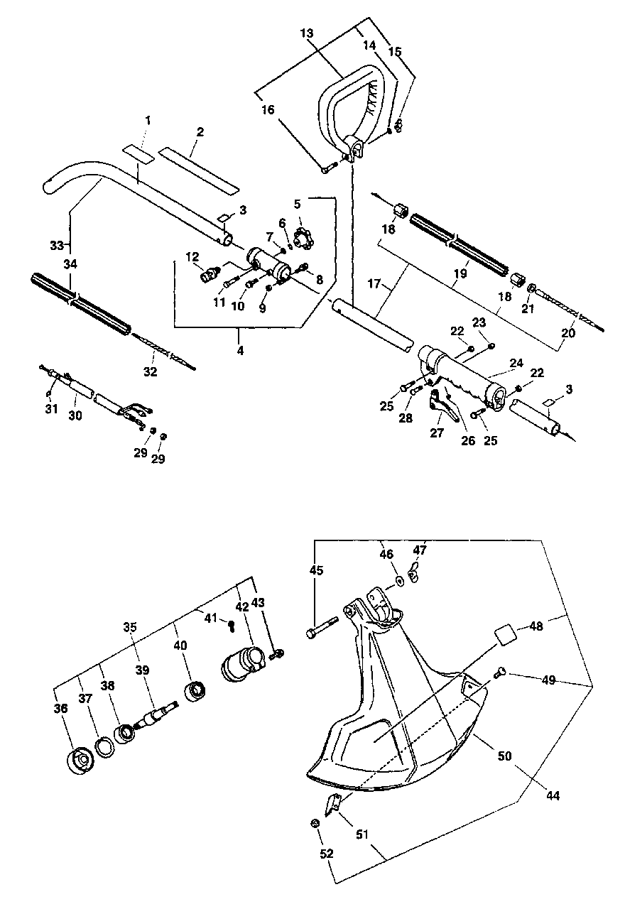 Driveshaft, Coupler, Gear Case, Handles, Throttle, Shield Diagram and Parts List for GT-2000SB Type 1E Echo Trimmer