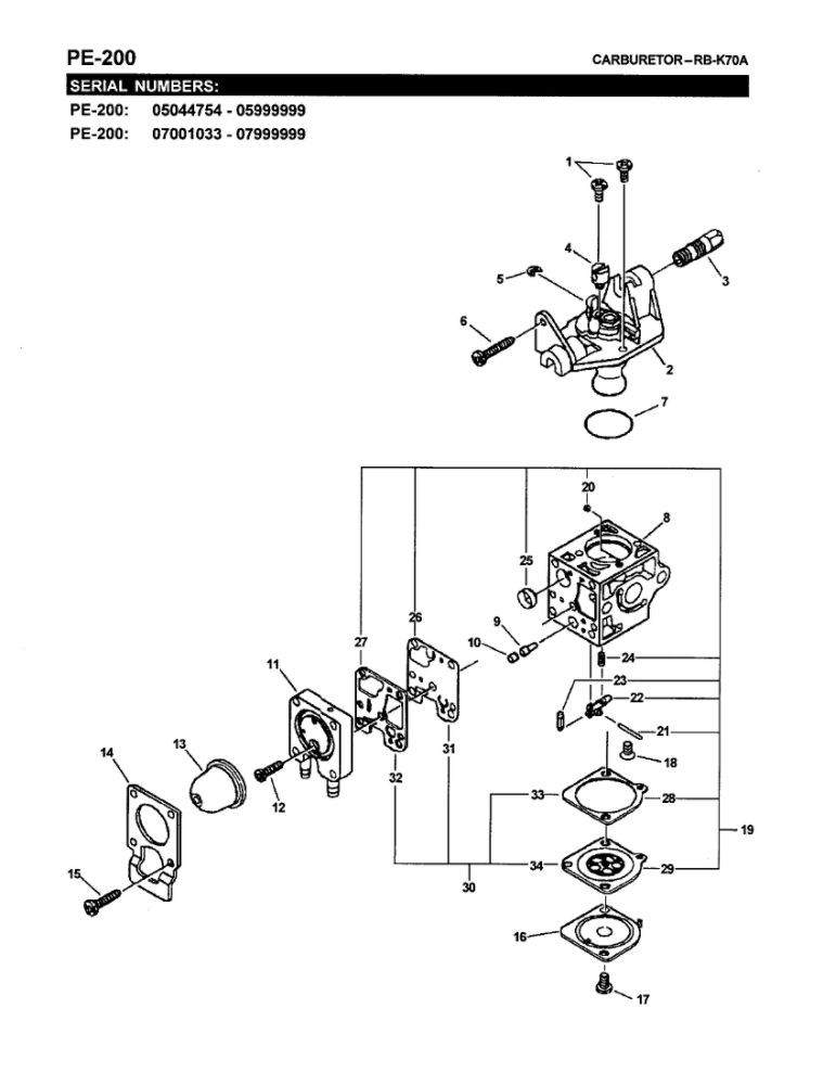 Carburetor 4 Diagram and Parts List for PE-200 07001001-07999999 Echo Edger