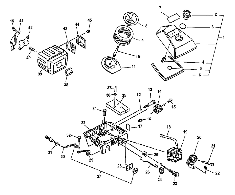 Intake, Exhaust, Air Cleaner Diagram and Parts List for CS-6700 Type 1E Echo Chainsaw