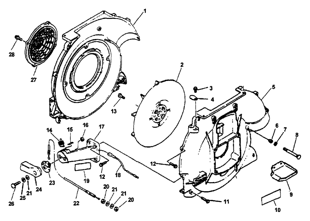 Fan, Blower Housings, Throttle, Stop Switch Diagram and Parts List for PB-400E (Type 1E)(001001 - 509500) Echo Leaf Blower / Vacuum