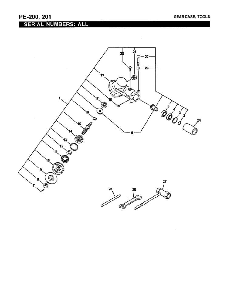 Gear Case/Tools Diagram and Parts List for PE-200 07001001-07999999 Echo Edger