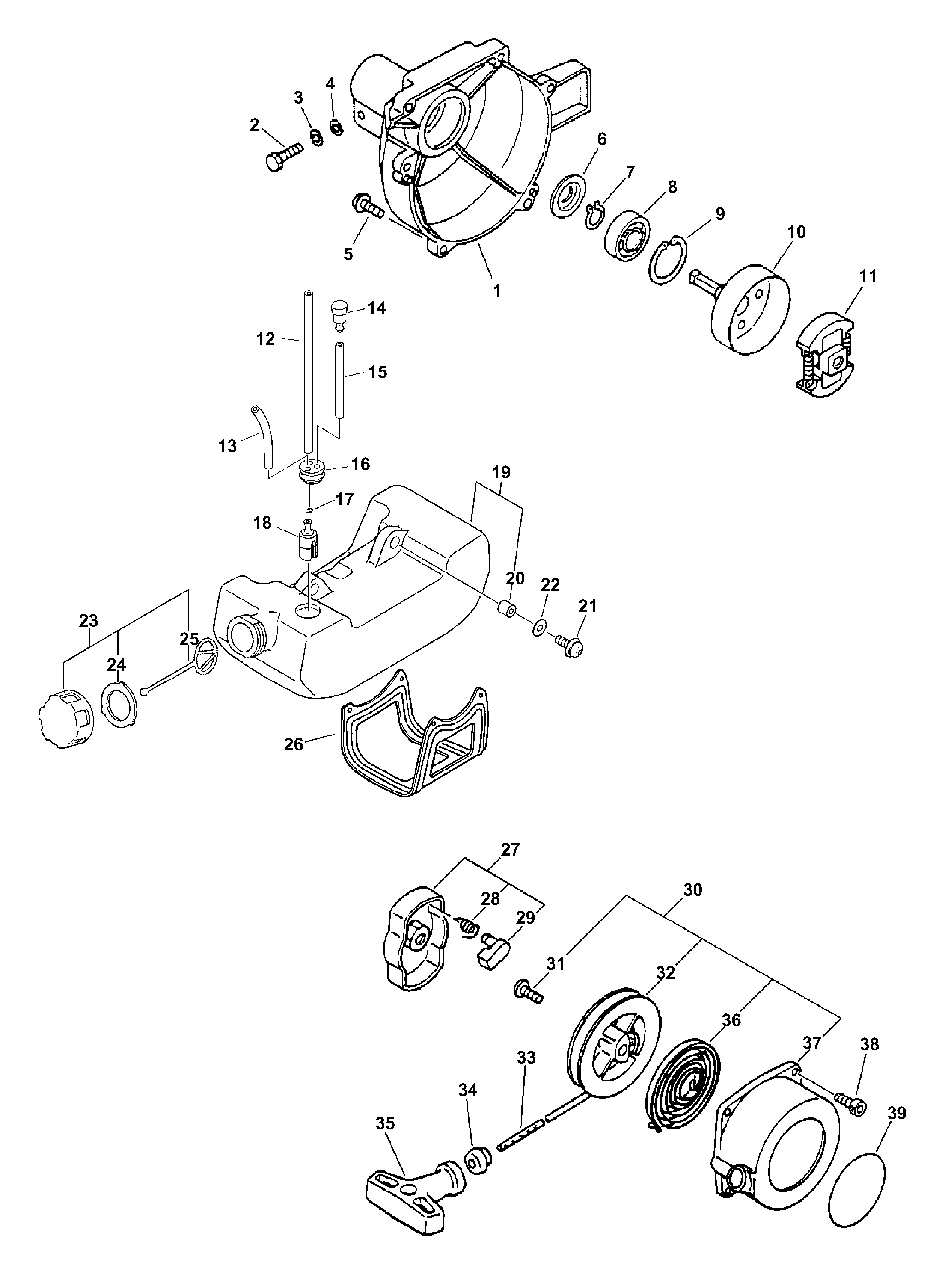 Clutch, Fan Case, Fuel System, Starter Diagram and Parts List for PPT-2400  Echo Pole Saw