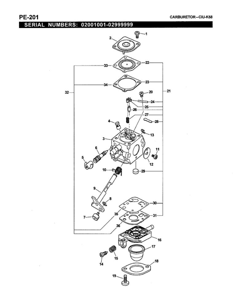 Carburetor 1 Diagram and Parts List for PE-200 07001001-07999999 Echo Edger