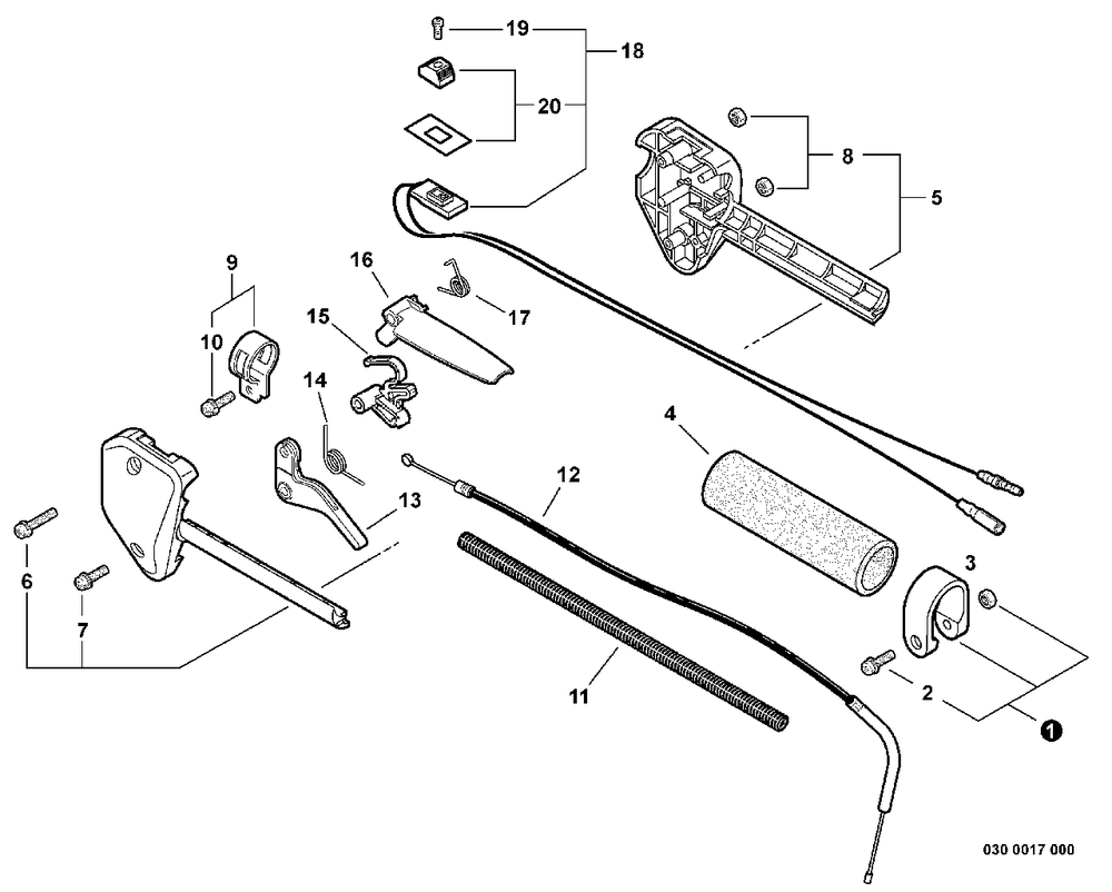 Control Handle, Control Cable Assembly Diagram and Parts List for SRM-230 S73112127552 - S73112328927 Echo Trimmer
