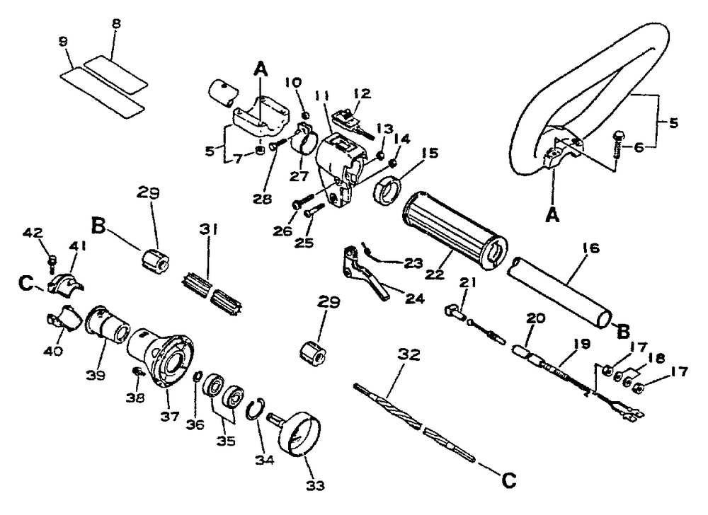 Clutch Housing, Driveshaft, Handles, Ignition Switch, Throttle Diagram and Parts List for SRM-2501 001001 - 010200 Echo Trimmer