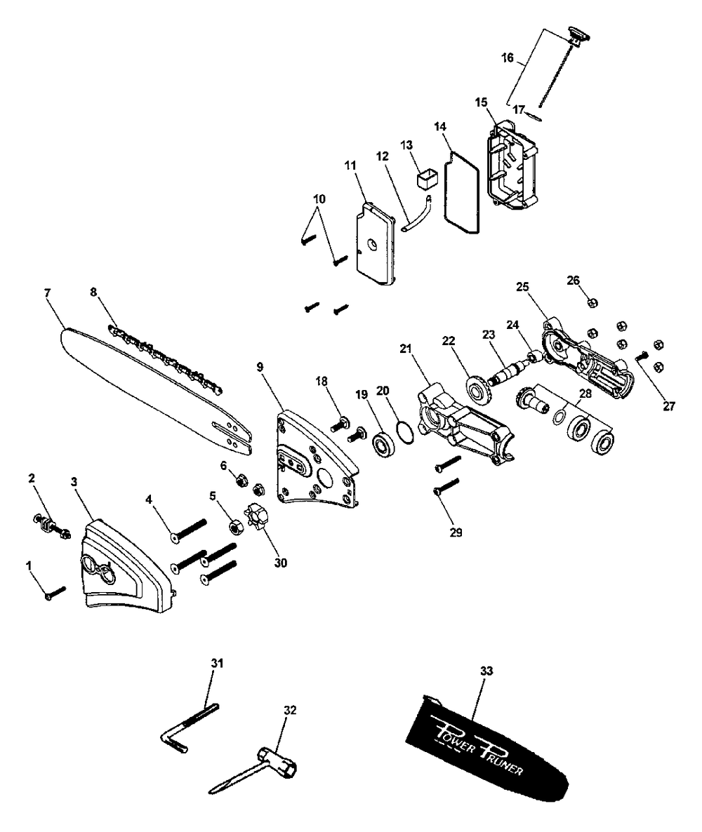 Gearcase, Guide Bar, Cutting Chain, Oiler, Tools Diagram and Parts List for PPF-2110 001001 - 506099 Echo Pole Saw