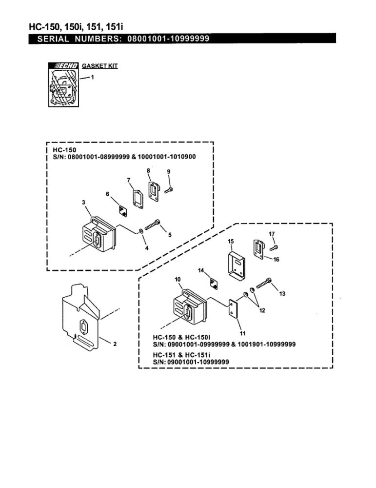 Exhaust Diagram and Parts List for HC-151I 08001001-10999999 Echo Hedge Trimmer