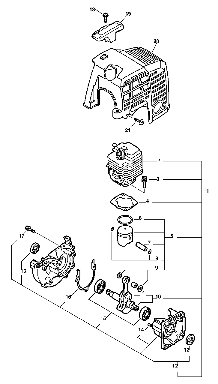 Engine, Crankcase, Cylinder Cover Diagram and Parts List for SRM-2100 159491 - 999999 Echo Trimmer