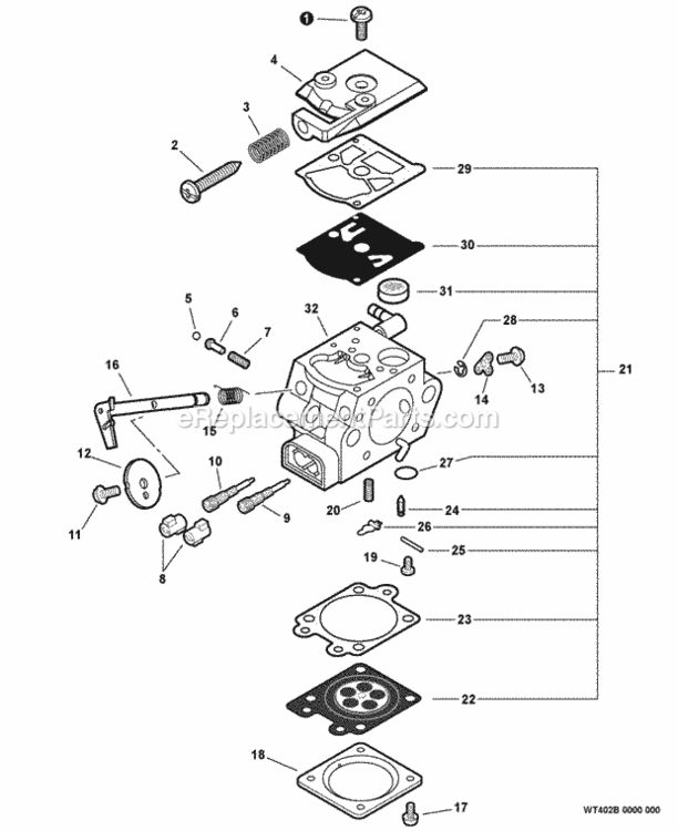 Carburetor_--_Wt-402B Diagram and Parts List for CS-303T C26012001001 - C26012999999 Echo Chainsaw