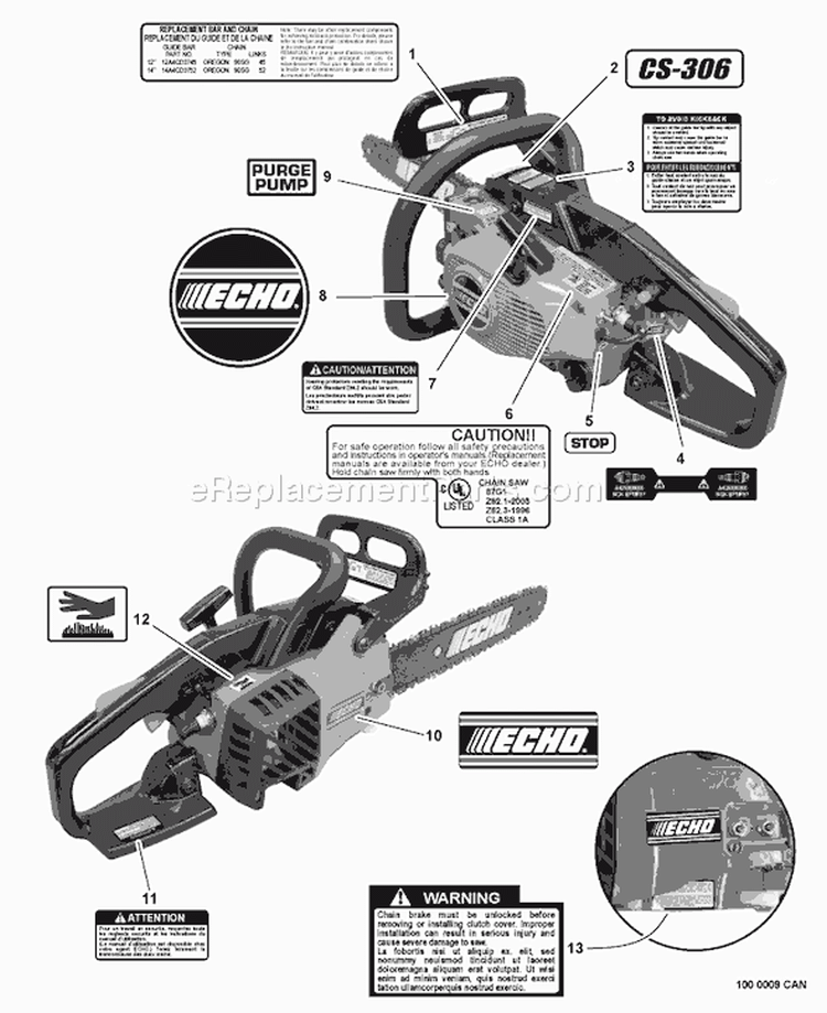 Page M Diagram and Parts List for CS-306 04001001 - 04999999 Echo Chainsaw