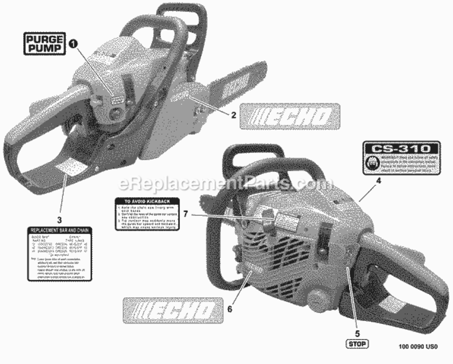 Labels Diagram and Parts List for CS-310 C23926001001 - C23926999999 Echo Chainsaw