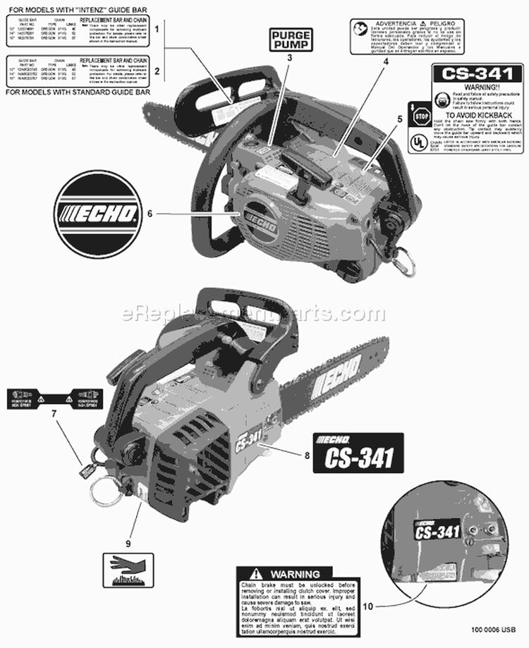 Page R Diagram and Parts List for CS-341 02001001 - 02999999 Echo Chainsaw