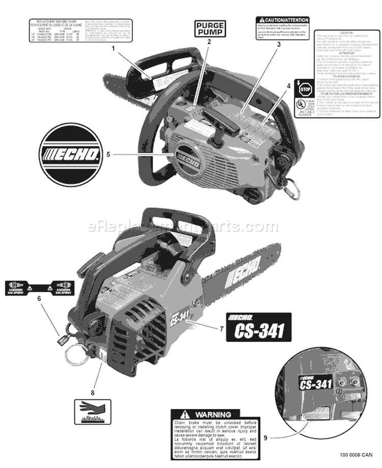 Page J Diagram and Parts List for CS-341 C09513001001 - C09513999999 Echo Chainsaw