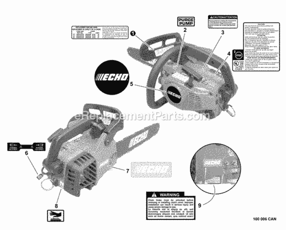Labels Diagram and Parts List for CS-341 C23111001001-C23111999999 Echo Chainsaw