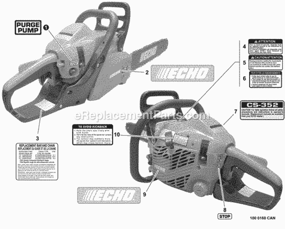 Labels Diagram and Parts List for CS-352 C19813001001 - C19813999999 Echo Chainsaw