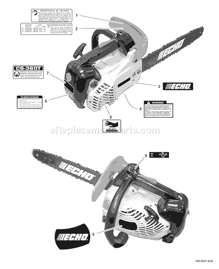 Page L Diagram and Parts List for CS-360T C08711001001 - C08711999999 Echo Chainsaw