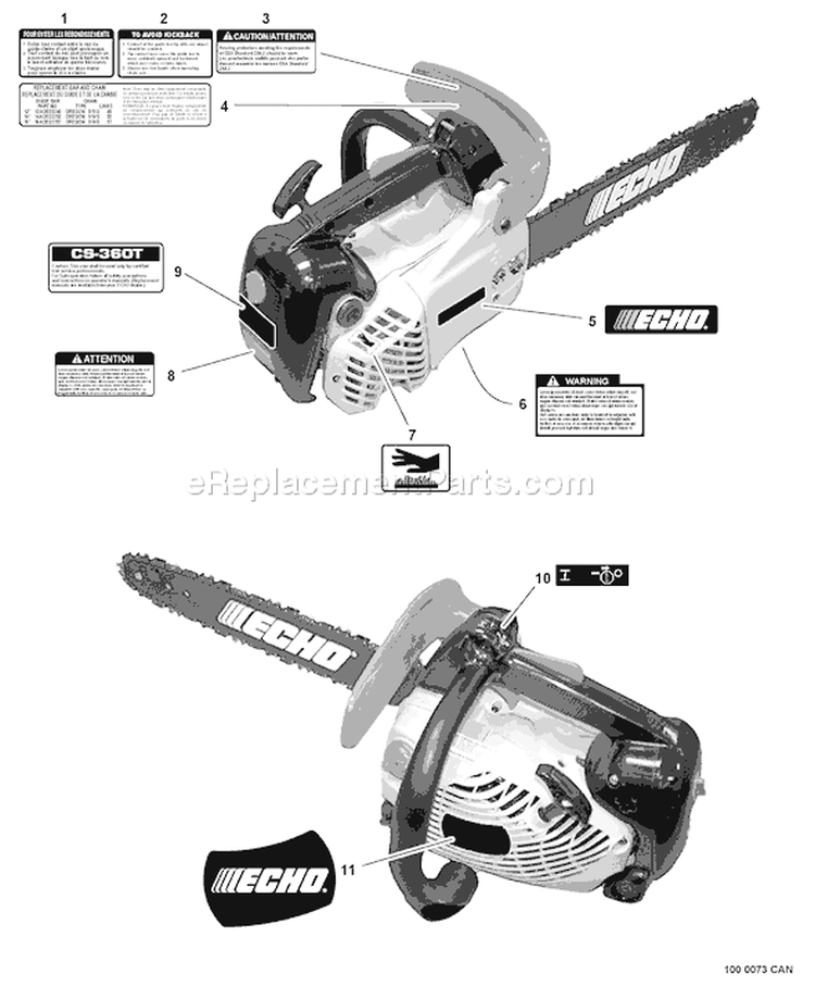 Page J Diagram and Parts List for CS-360T 10002727 - 10999999 Echo Chainsaw