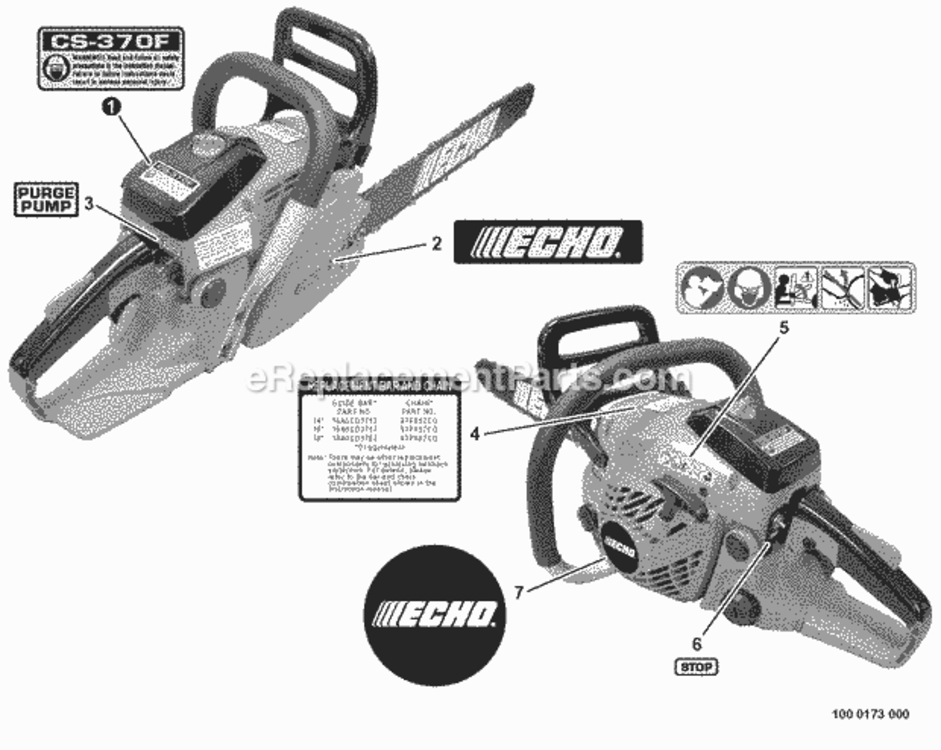 Labels Diagram and Parts List for CS-370F C27611001001 - C27611999999 Echo Chainsaw