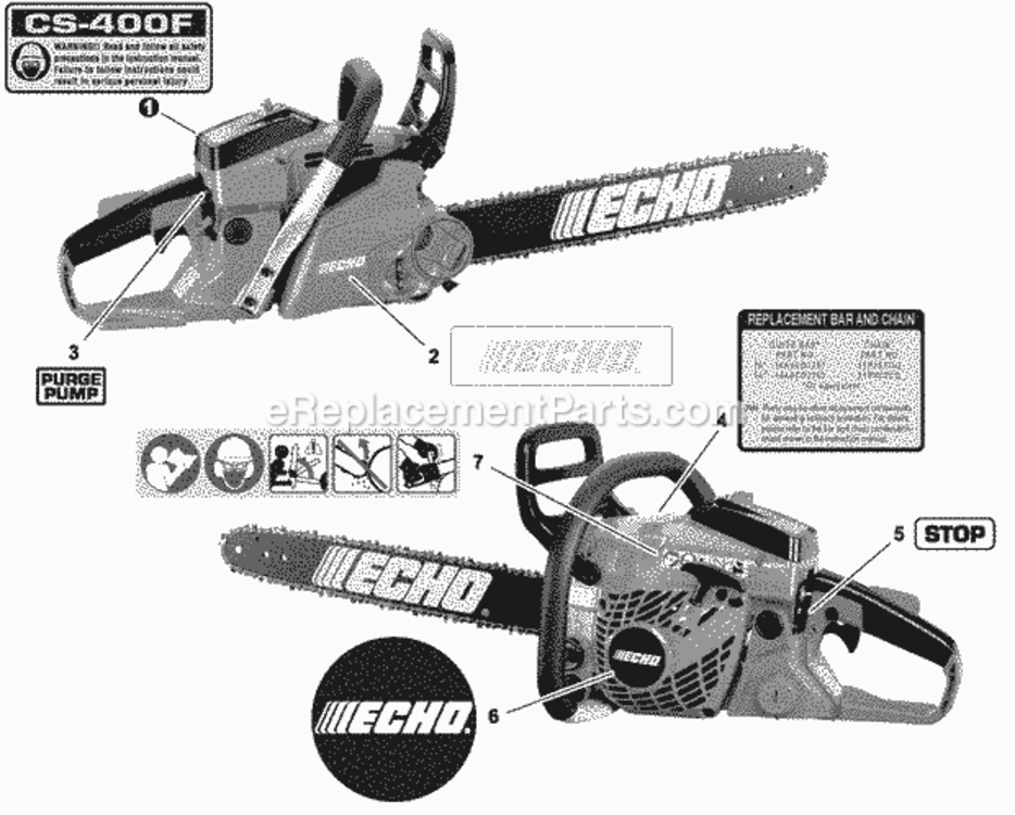 Labels Diagram and Parts List for CS-400F C27812001001 - C27812999999 Echo Chainsaw