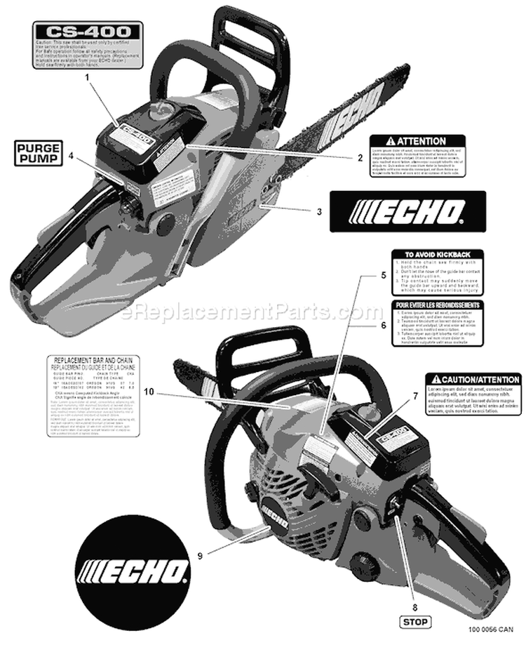 Page J Diagram and Parts List for CS-400 C10013001001 - C10013999999 Echo Chainsaw