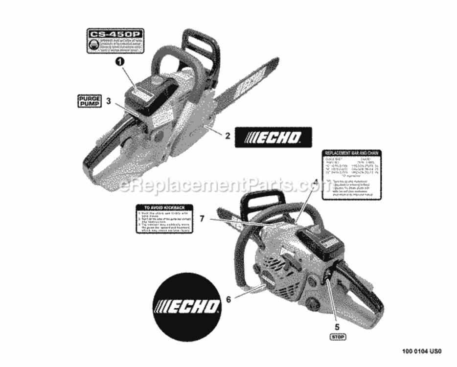 Labels Diagram and Parts List for CS-450P C06312001001 - C06312999999 Echo Chainsaw