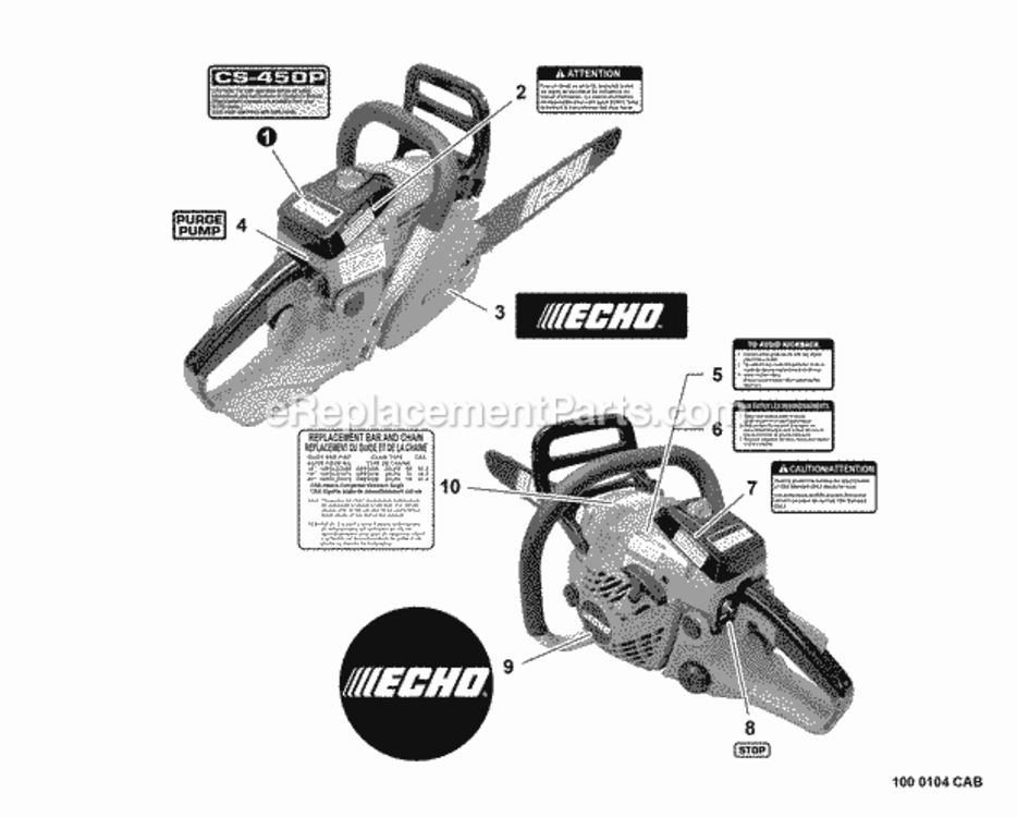 Labels Diagram and Parts List for CS-450P C06413001001 - C06413999999 Echo Chainsaw