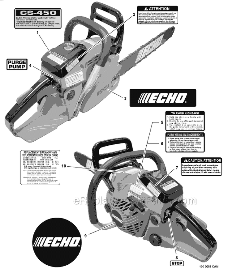 Page L Diagram and Parts List for CS-450 C05713001001-C05713999999 Echo Chainsaw