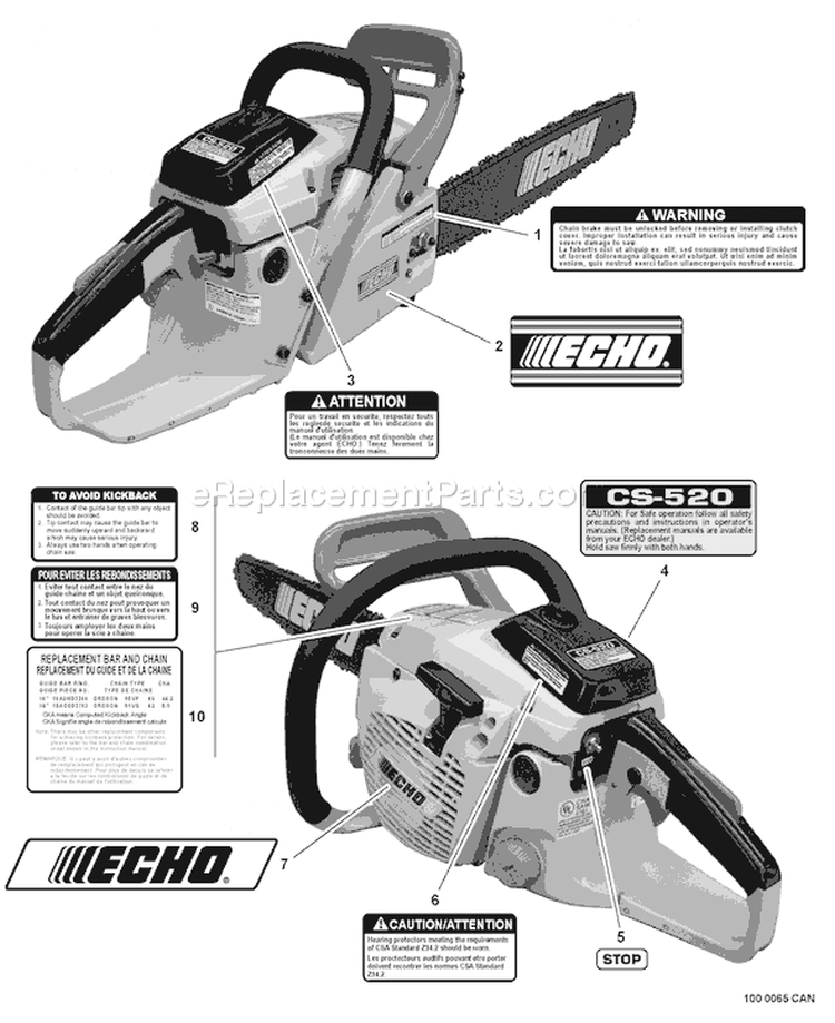 Page J Diagram and Parts List for CS-520 C07113001001 - C07113999999 Echo Chainsaw