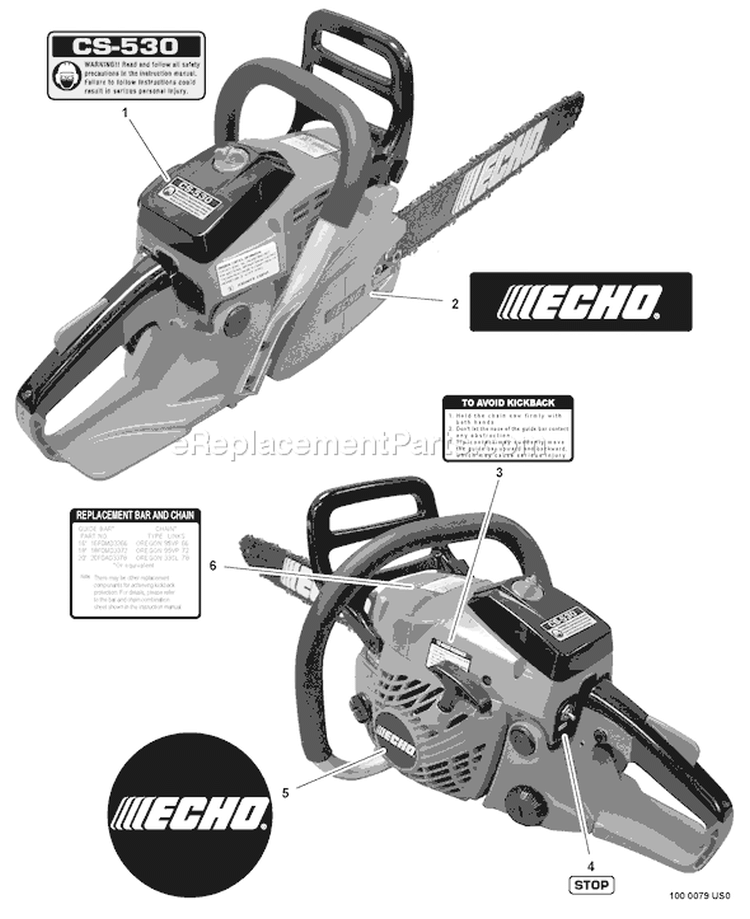 Page J Diagram and Parts List for CS-530 C02803001301 - C02803999999 Echo Chainsaw
