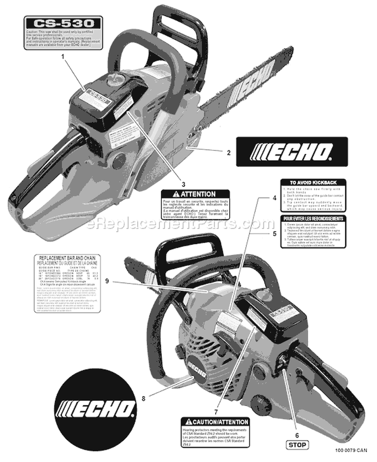 Page J Diagram and Parts List for CS-530 C02904001001 - C02904999999 Echo Chainsaw
